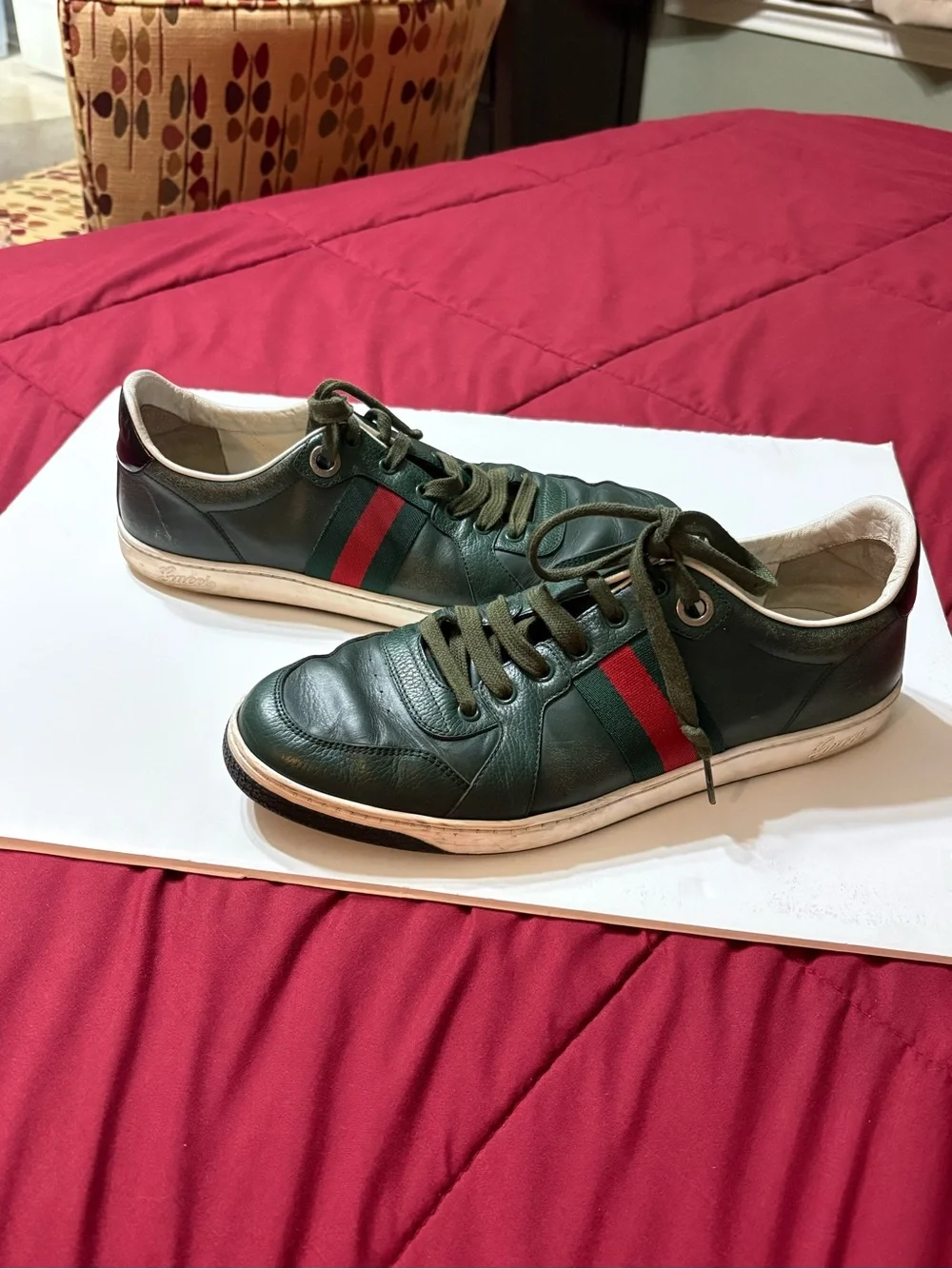 Gucci Green Leather Sneakers with Signature Red & Green Web
